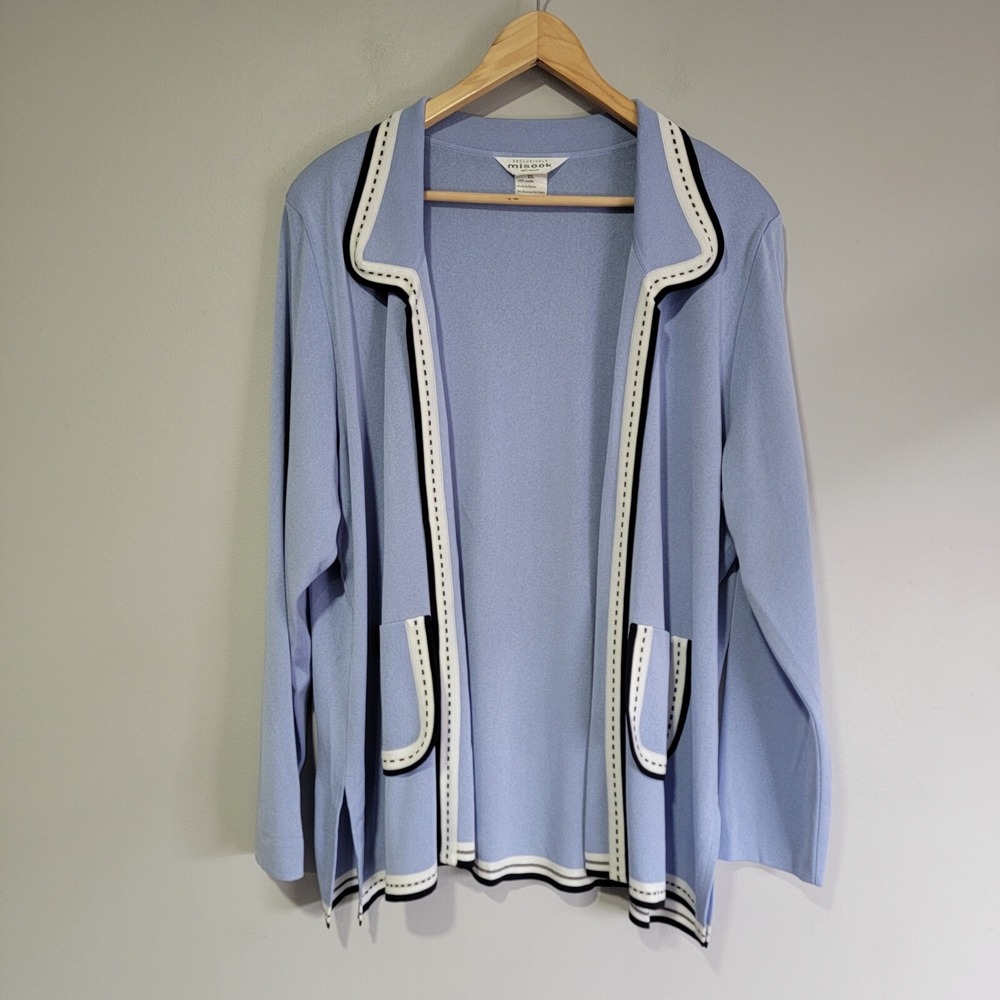 Misook Woman Periwinkle Blue Knit Cardigan Jacket Sz 2X Trimmed Pockets